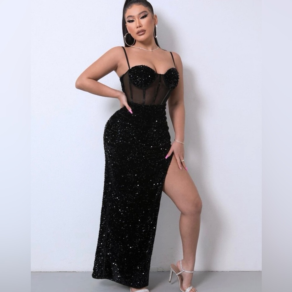 Black Sequin Mesh Panel Maxi Dress